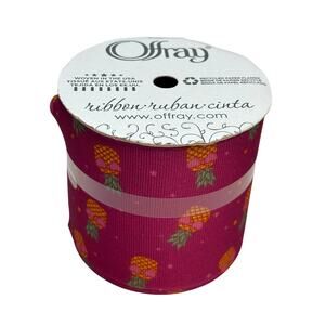 Offray Woven Ribbon 3in x 9 ft Pink Pineapple Summer Vibes Polyester Fabric